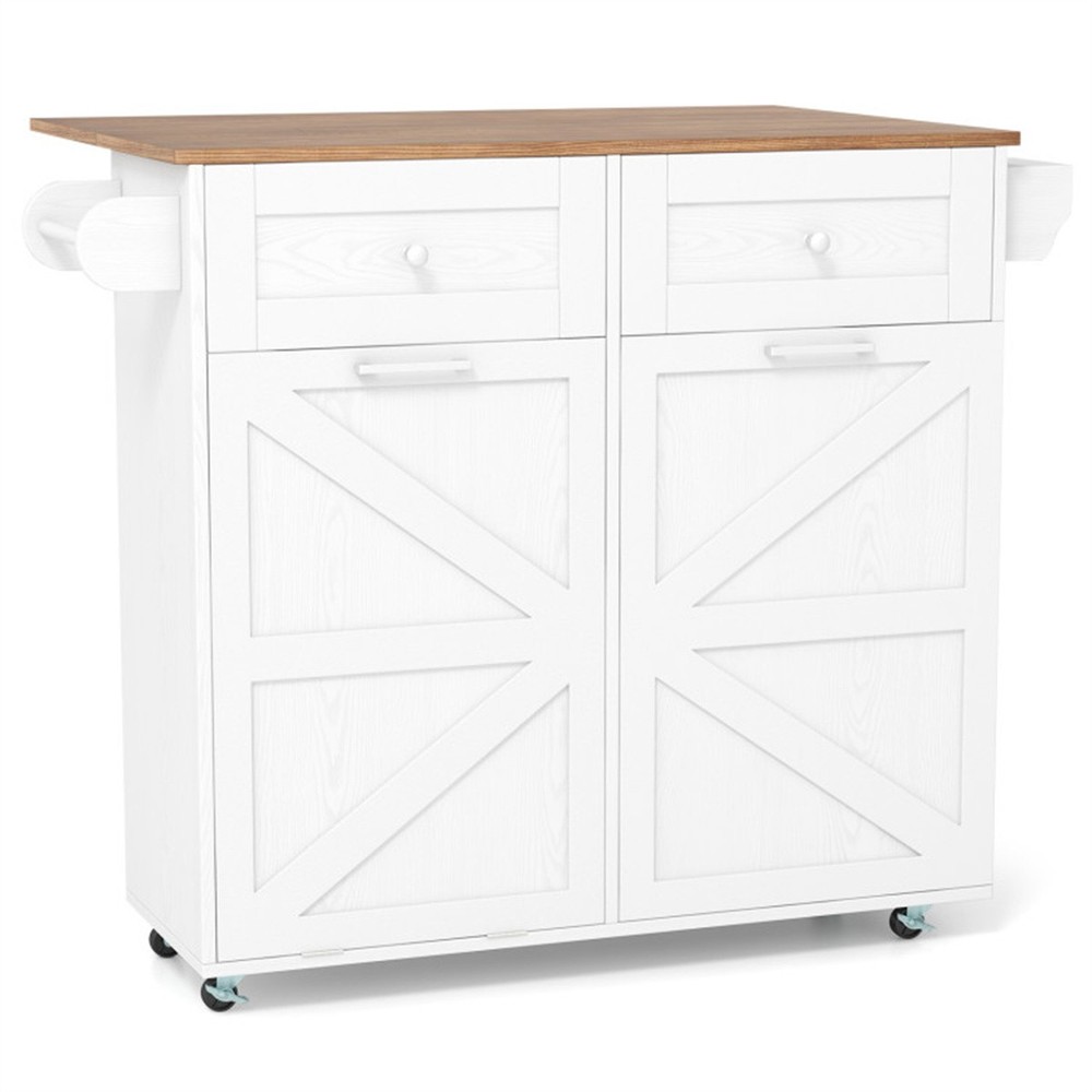 Mobile Kitchen Island Cart with Drop-Leaf Design Lockable Wheels Trash Storage​