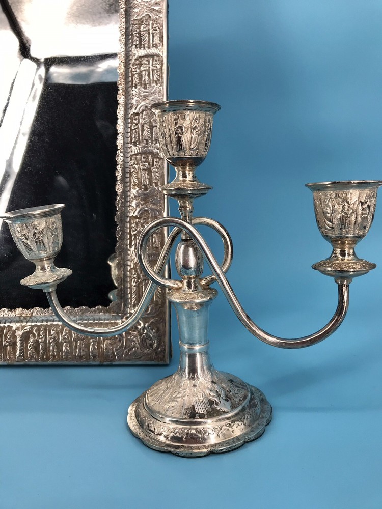 Middle Eastern,carved set Candlestick & Sheet Mirror 84 SOLID Silver 2800 grams