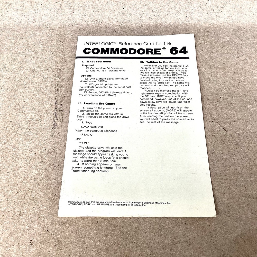 Interlogic Reference Card For The Commodore 64