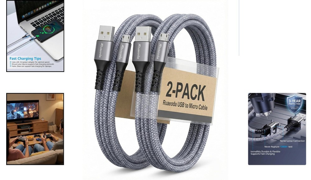 Durable Nylon Braided 6ft Micro USB Cable 2-Pack for Fast Charging Devices