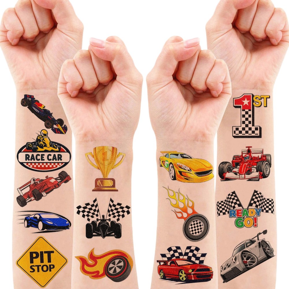 96 PCS Race Car Pre-Cut Temporary Tattoos Sticker Racing Pit Medium, Normal