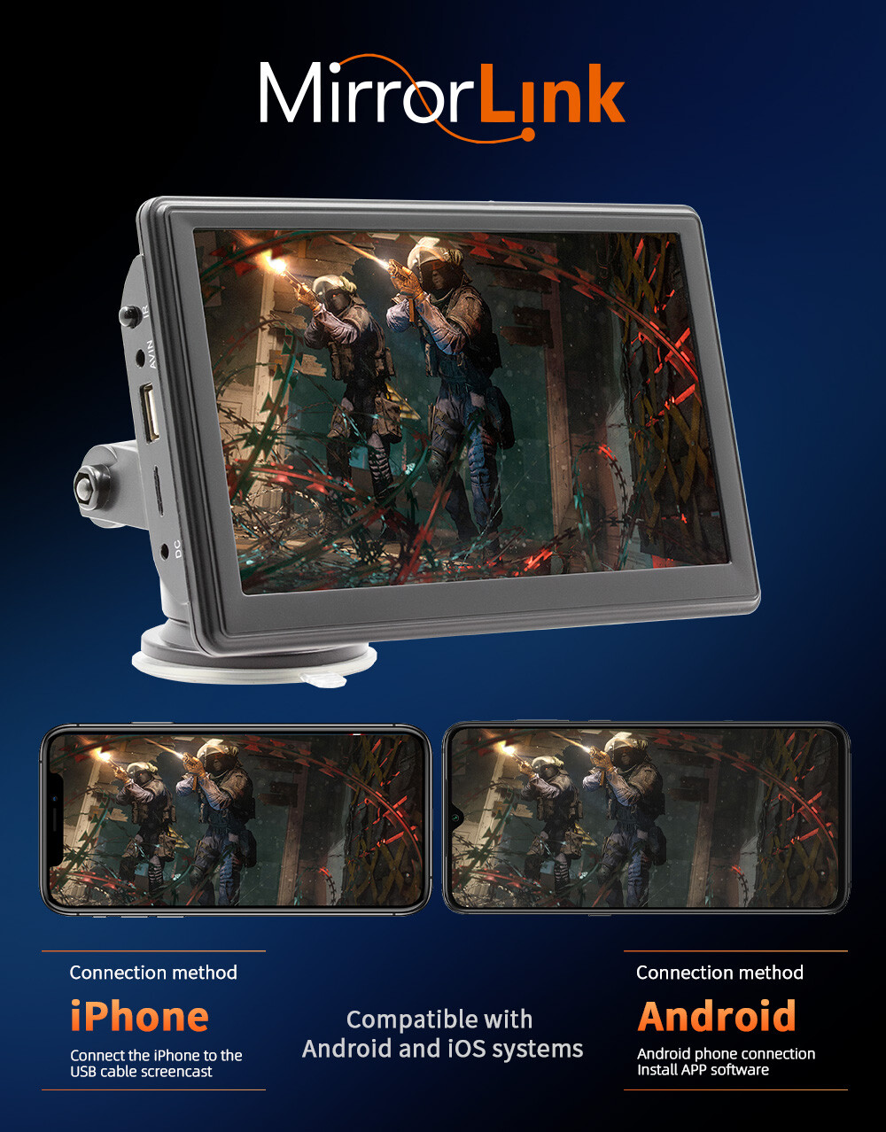 7" Wireless WiFi Android Auto/iPhone MirrorLink BT Portable Carplay Navigation