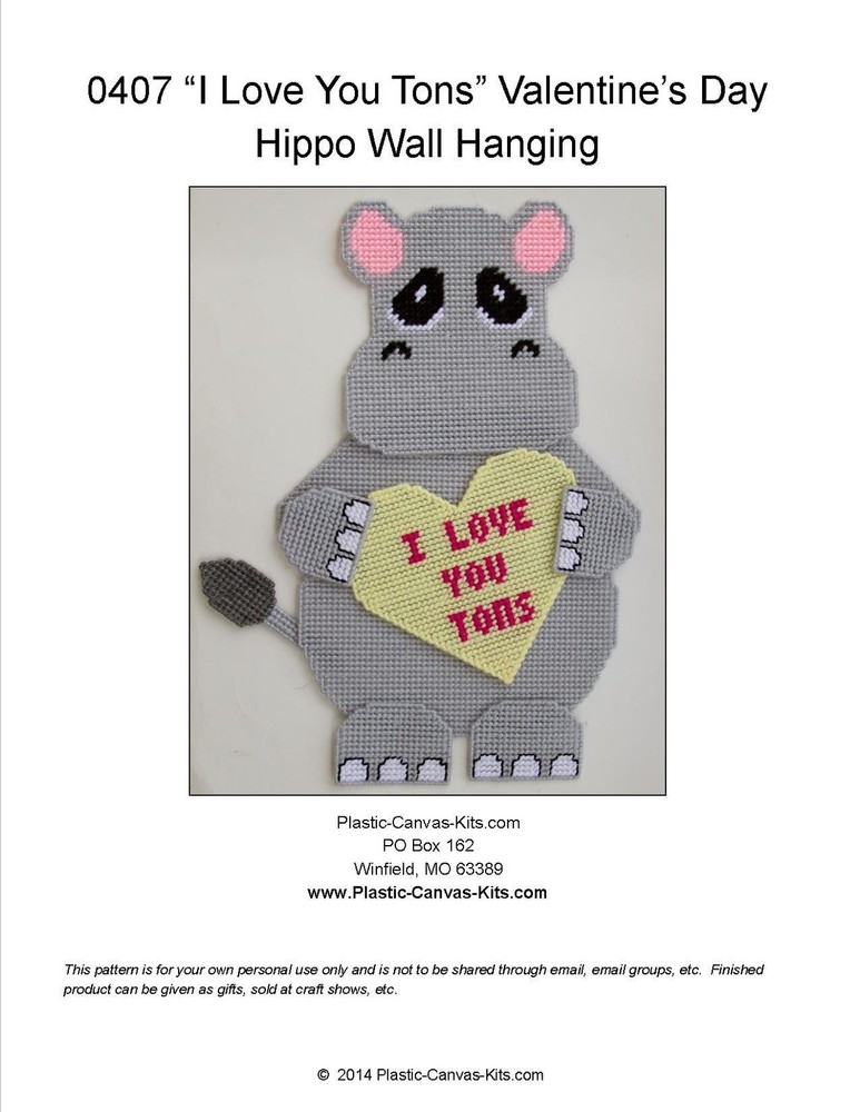 Love You Tons Hippo Valentine's Wall Hanging- Plastic Canvas Pattern or Kit
