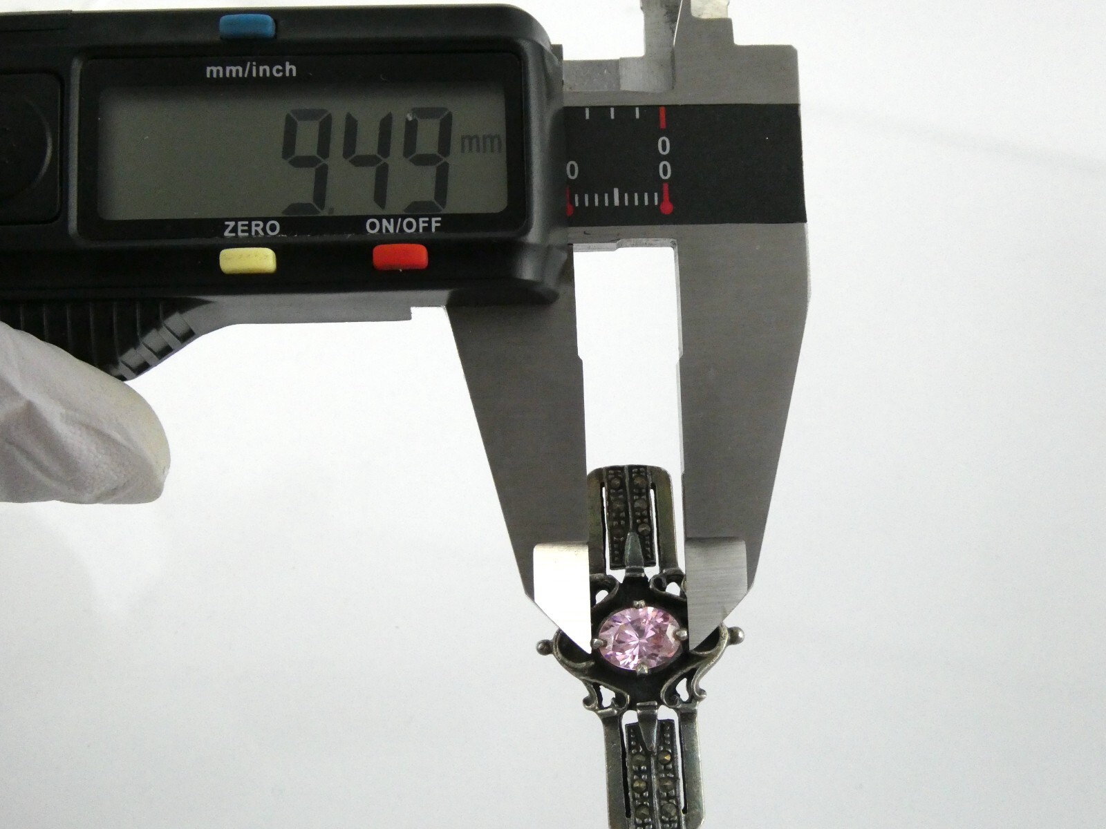 Sterling Silver Pink CZ and Marcasite Studded Bar Brooch Pin 925 6.7g 1.5 Inches