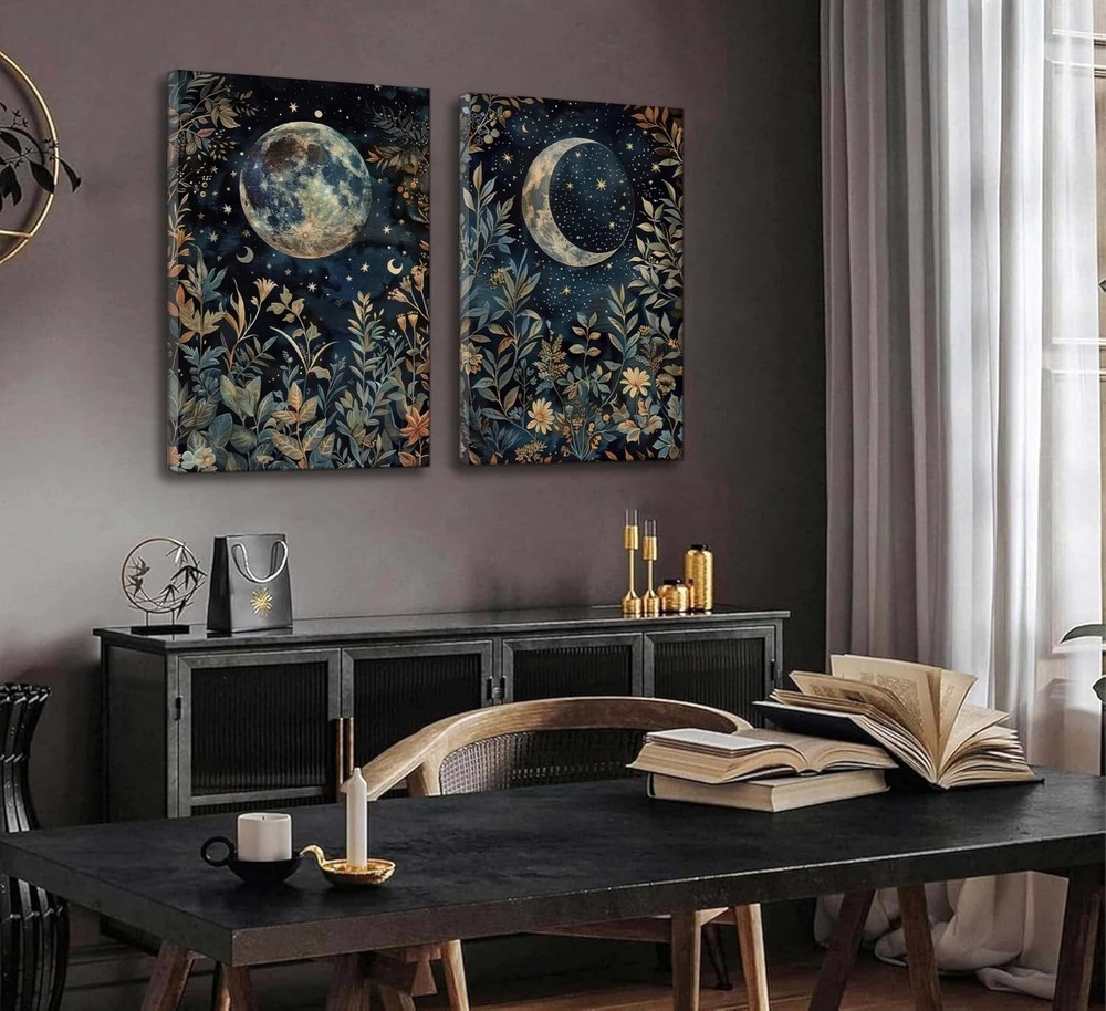 2 Pcs Vintage Celestial Canvas Wall Art Sun and Moon Celestial Botanical Ecli...