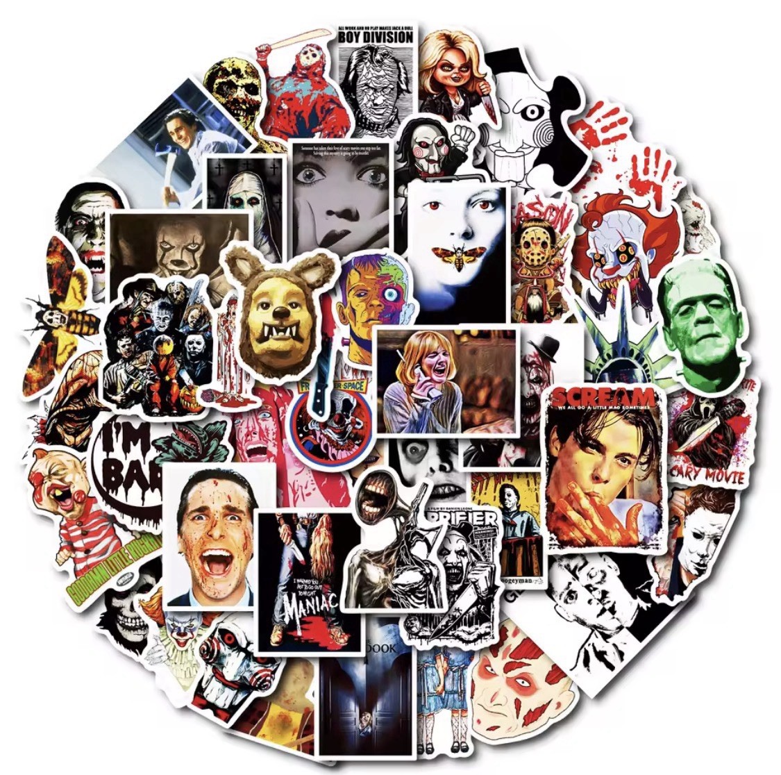 25 Piece Mix Lot 2” NEW Horror Movie Stickers Decals, Halloween Mix