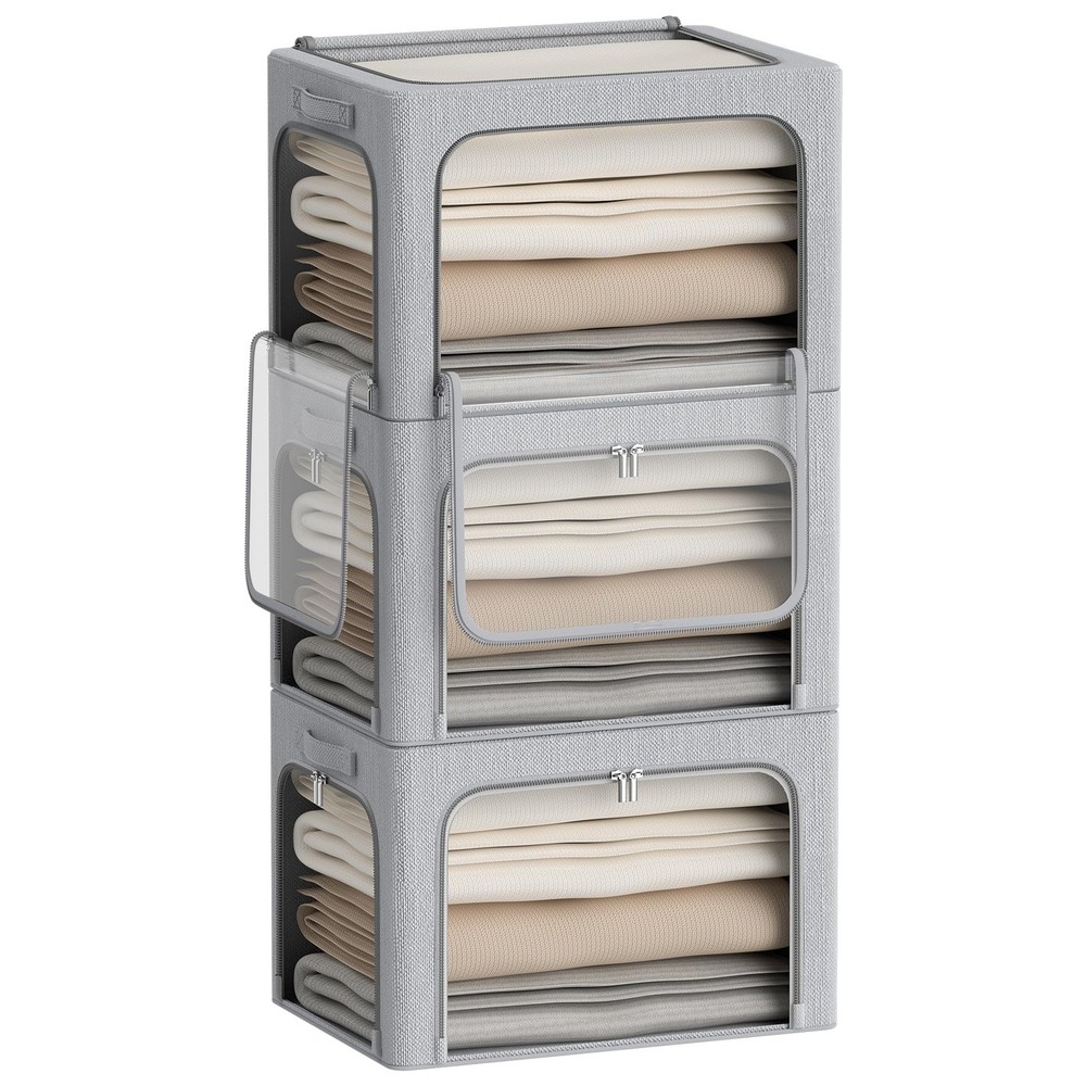 3Pack Classic Stackable Foldable Storage Bin - Metal Frame Storage Box with C...