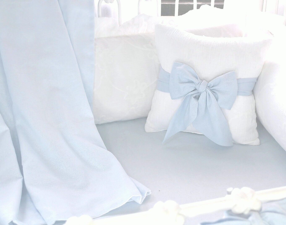 Baby Blue Linen Crib Sheet and Bows