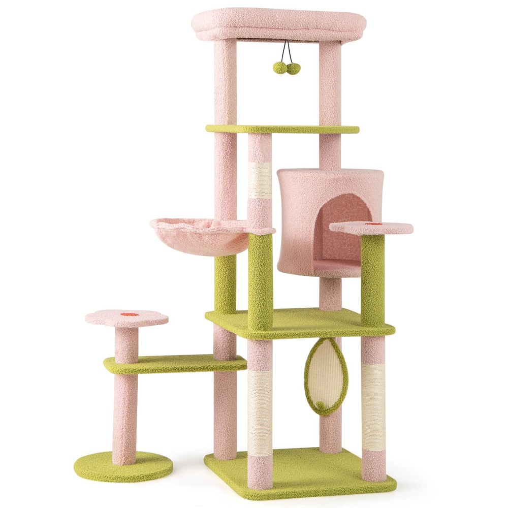 58" Plush Cat Tree Floral Climbing Tree Multi-level Cat Tower w/ Round Basket