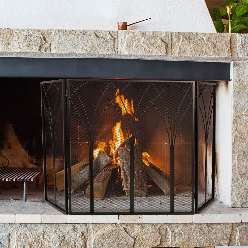 Fireplace Screen 3 Panel Fireplace Gate Protective Mesh Fireplace Covers, Black