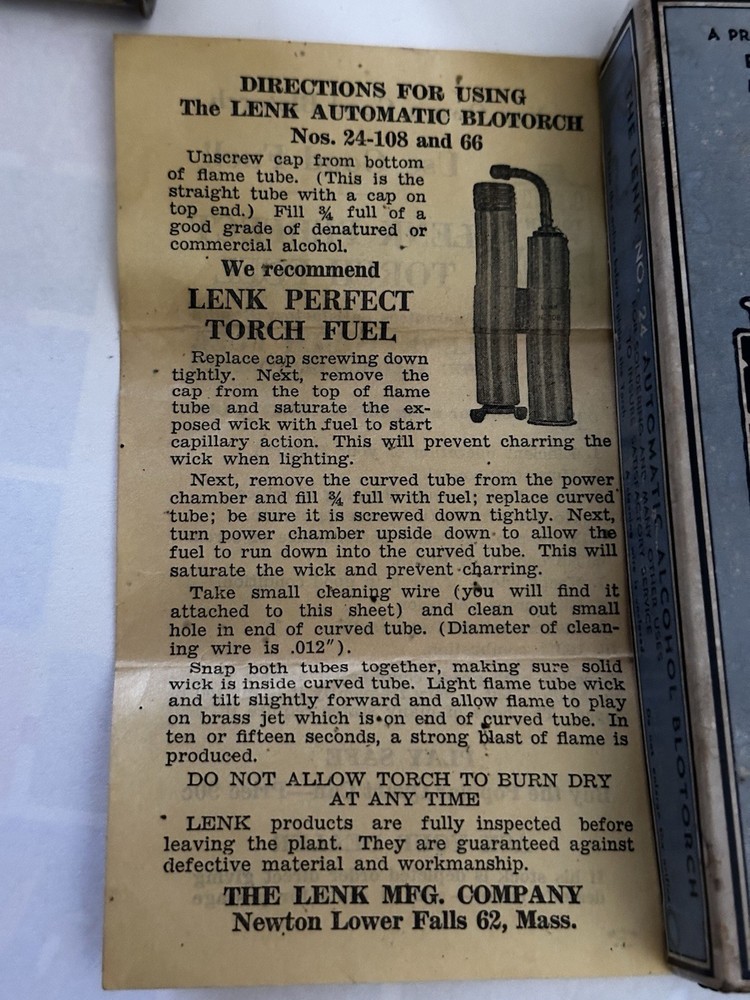 ANTIQUE LENK BRASS AUTOMATIC BLOW TORCH NO. 24 WITH BOX & INSTRUCTIONS -UNTESTED