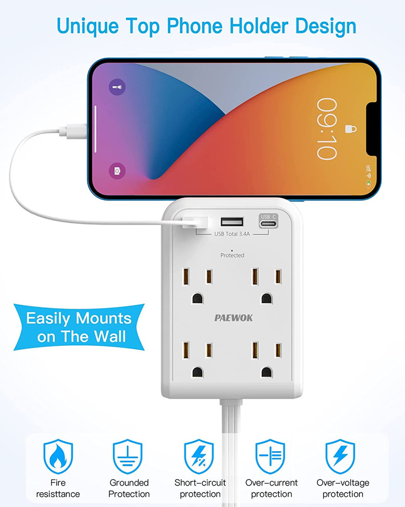 Flat Multi Plug Extender with 3 USB Wall Charger(1 Type C) 4 Outlet Wall Adapter