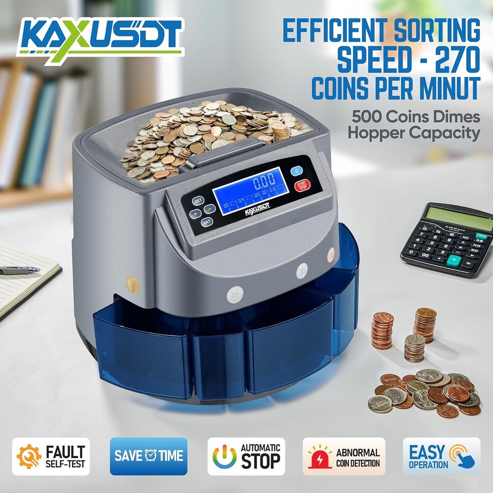 USD Coin Counter Machine, Professional Coin Sorter and Wrapper Roller Machine