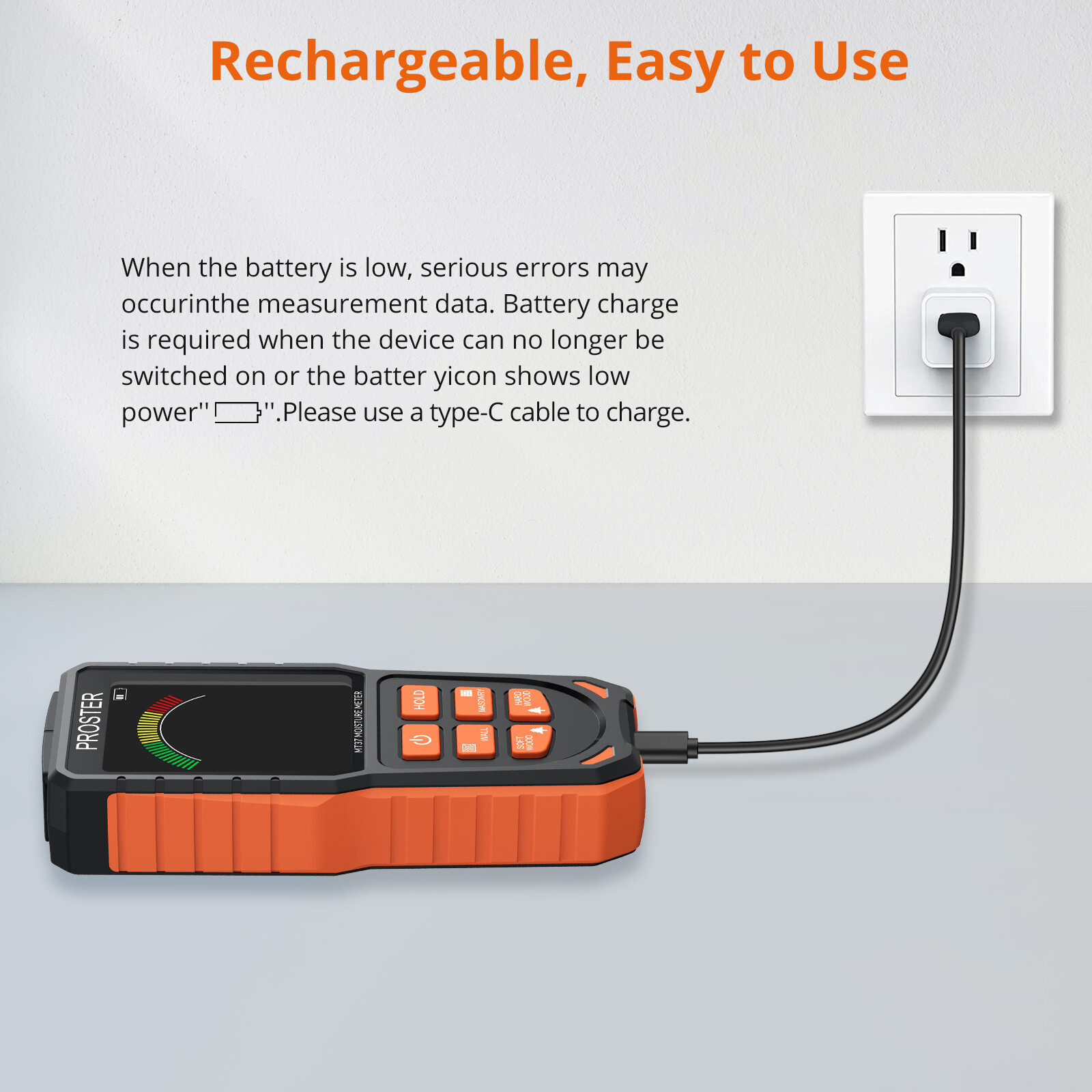 PROSTER Wood Moisture Meter Rechargeable Pinless Humidity Tester Wall Firewood