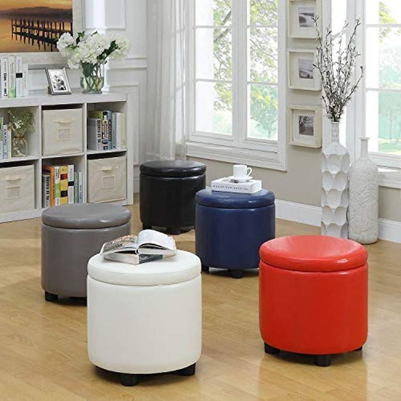 Round Ottoman Storage Multi Functional Tray Lid Upholstered Foam Cushioned New