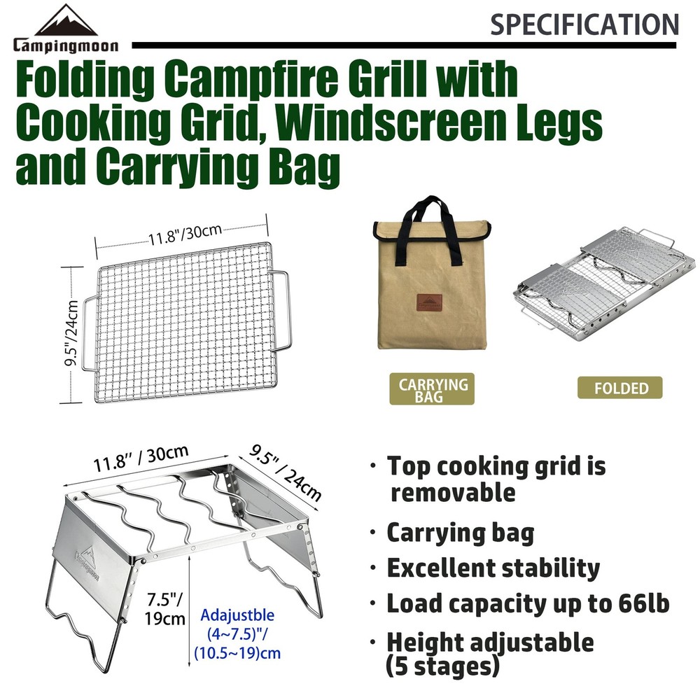 CAMPINGMOON Folding Campfire Grill Grate Open Fire Cooking Camping Portable 3...