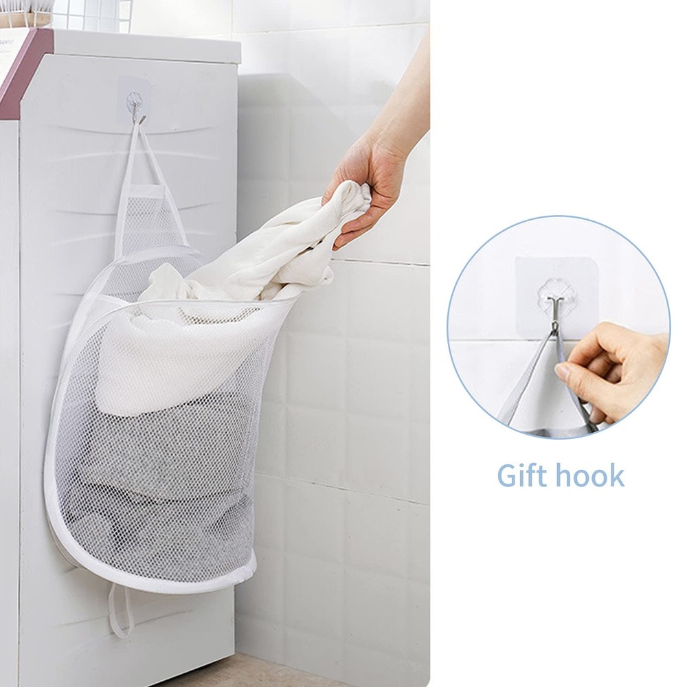 Pop-up Hanging Laundry Hamper Small Mesh Basket 2 Pack Foldable Gray White