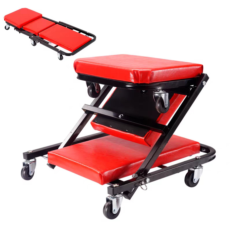 36" Z-Type Mechanic Creeper Seat Foldable 2-in-1 Garage Stool w/6 Wheels Red