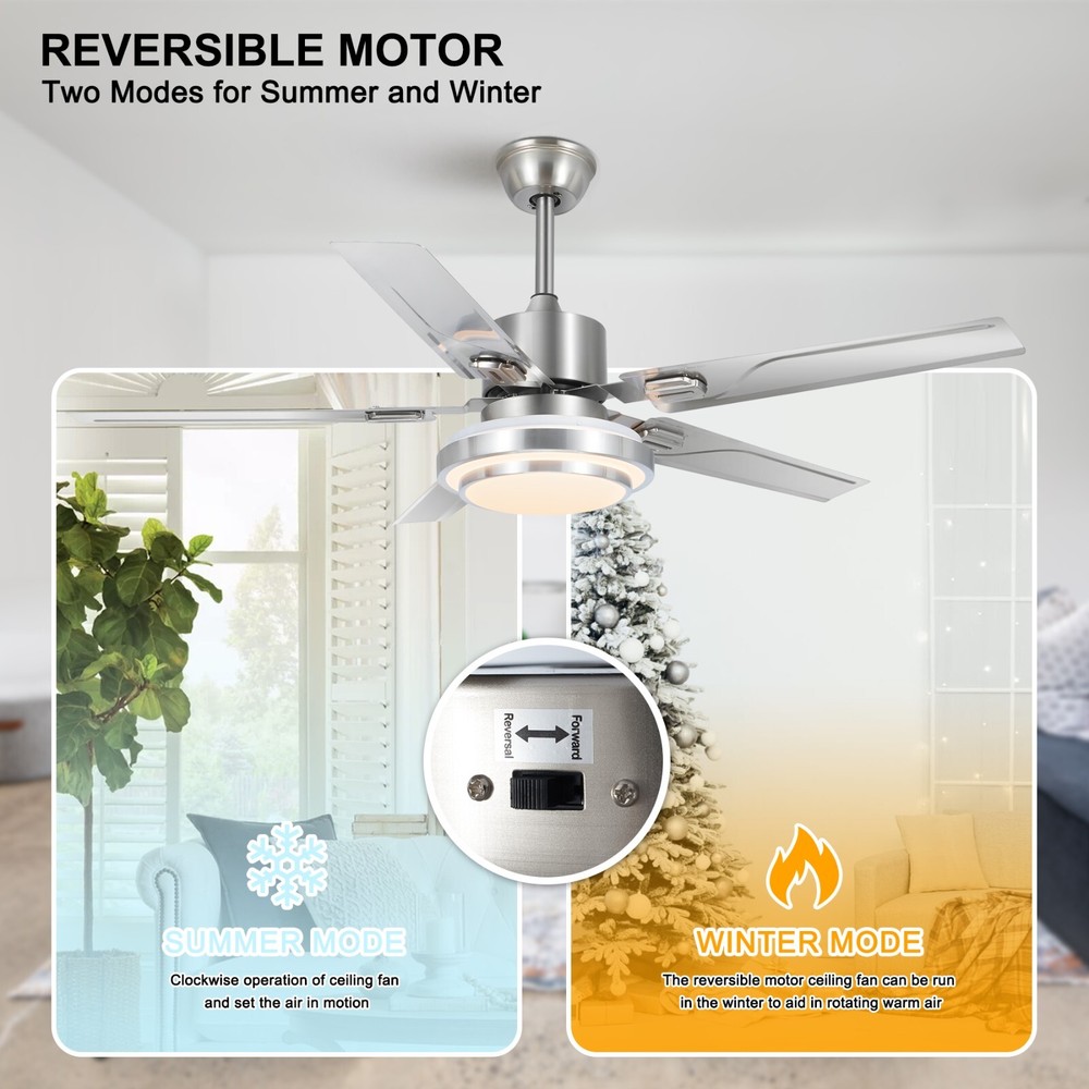 52-inch Silver Ceiling Fan Light, 3-Color Dimming, Remote Control