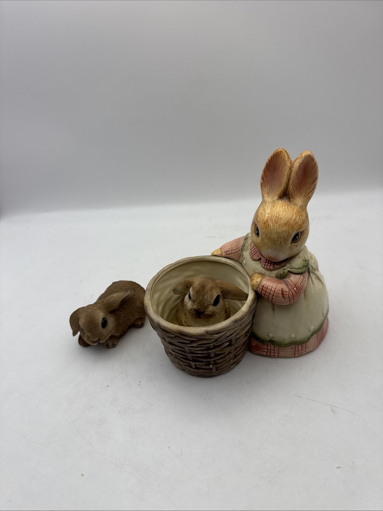 JCPenney Ceramic Easter Bunny with Basket 7" & 2 Rabbit Figurine