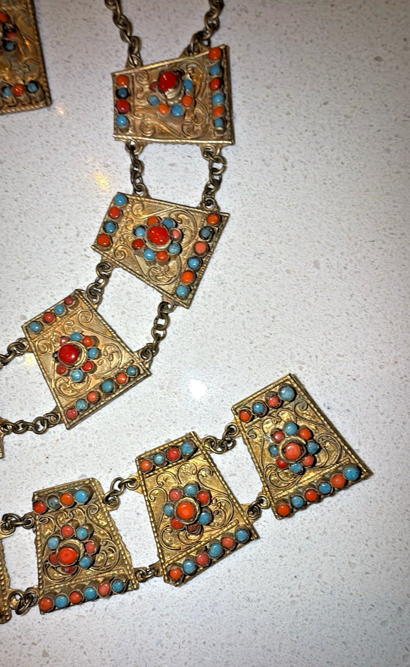Coral & Turquoise Nepal Brass Tibetan Jewelry 3 piece Set ANTIQUE