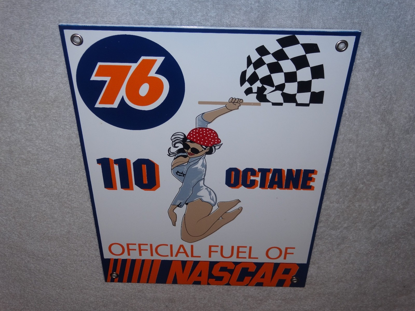 VINTAGE UNION 76 GASOLINE WOMAN +RACING FLAG 12" PORCELAIN METAL NASCAR OIL SIGN