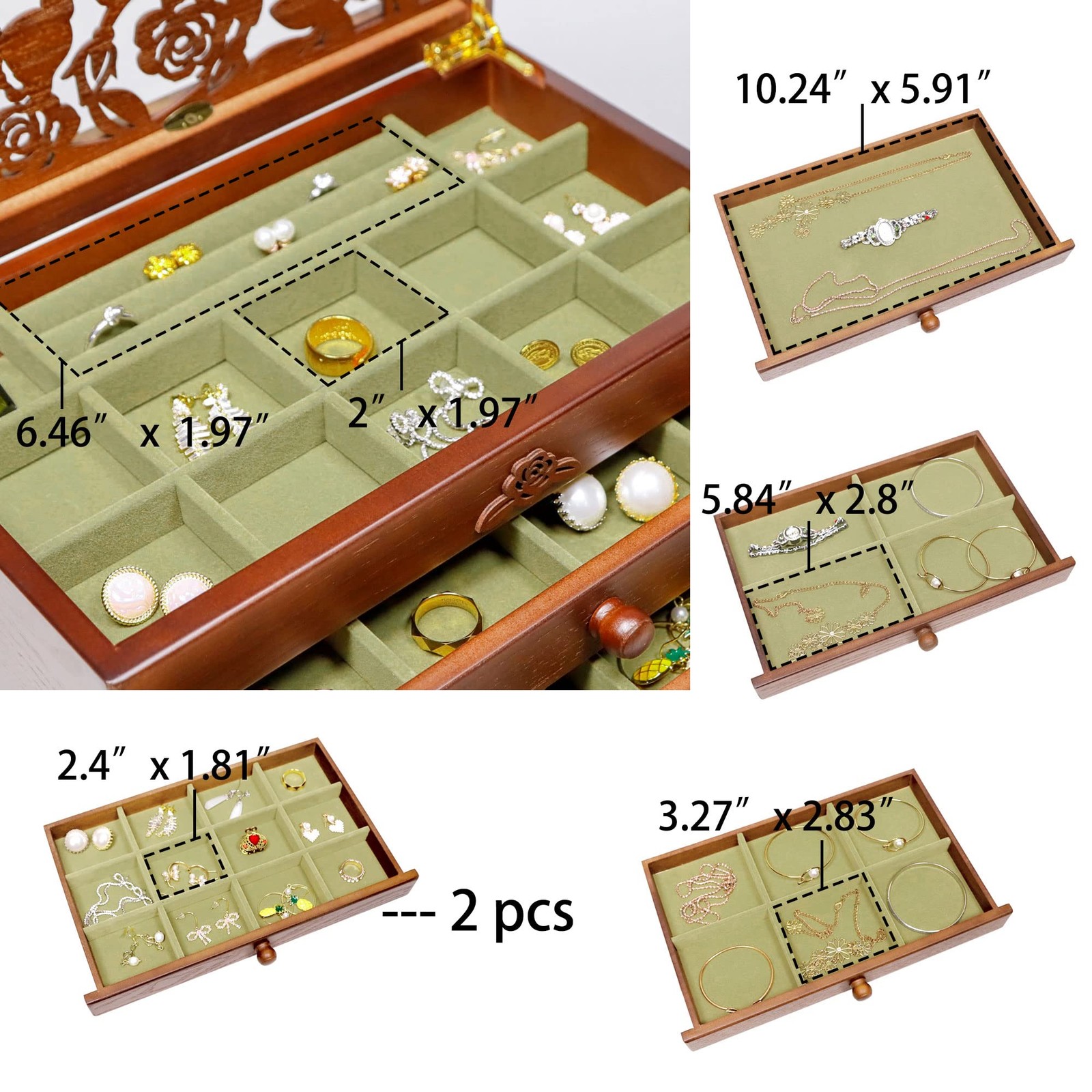 Kendal 6 Layer Wooden Jewelry Box Jewelry Holder Organizer w/ Rose Leaf Pattern