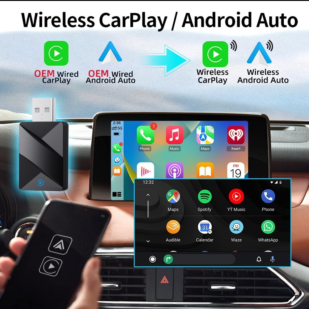 USB Wireless CarPlay Adapter for Apple iPhone & Android Auto Dongle Plug ＆ Play