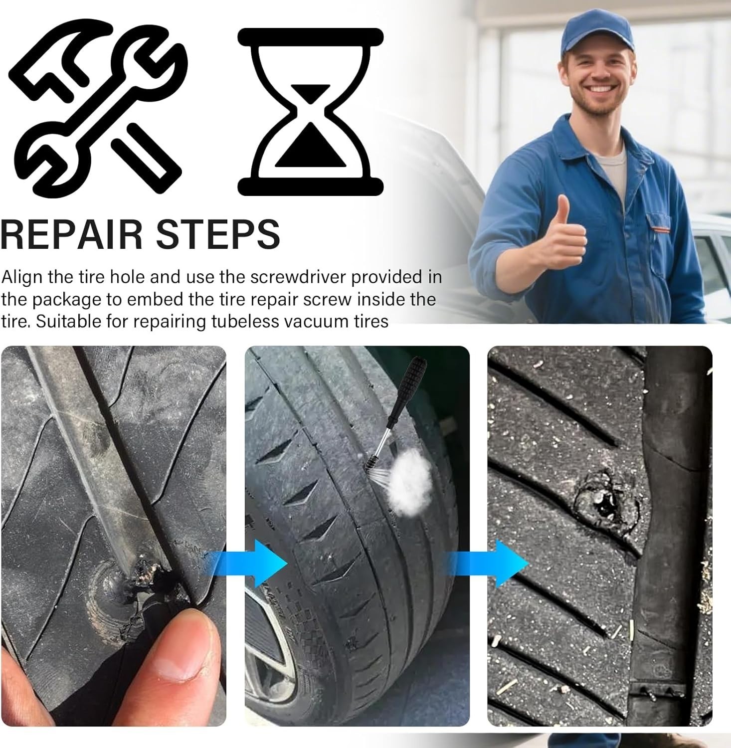 100PCS Tire Repair Screws Kit With Screwdriver 3 Sizes Rubber Plugs Flat Tires