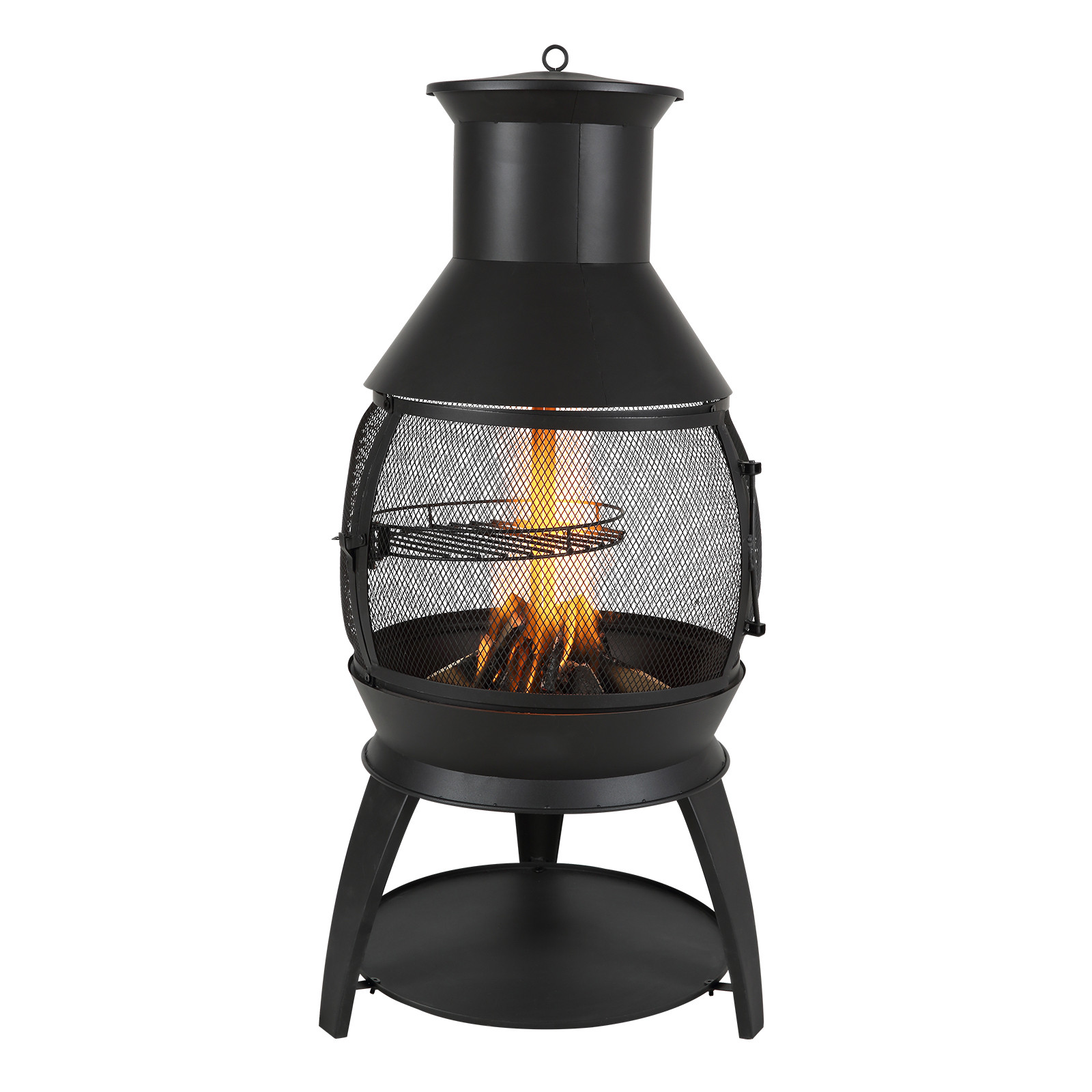 22 In Chiminea Outdoor Wood Burning Iron Firepit with Grill Mesh & Chimney Coat