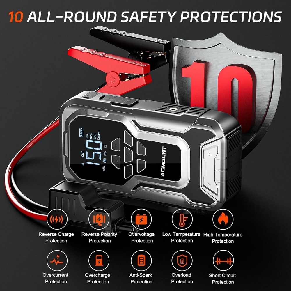 D18 Jump Starter with LED Light, 6000A Power & Air Compressor - Compact Design