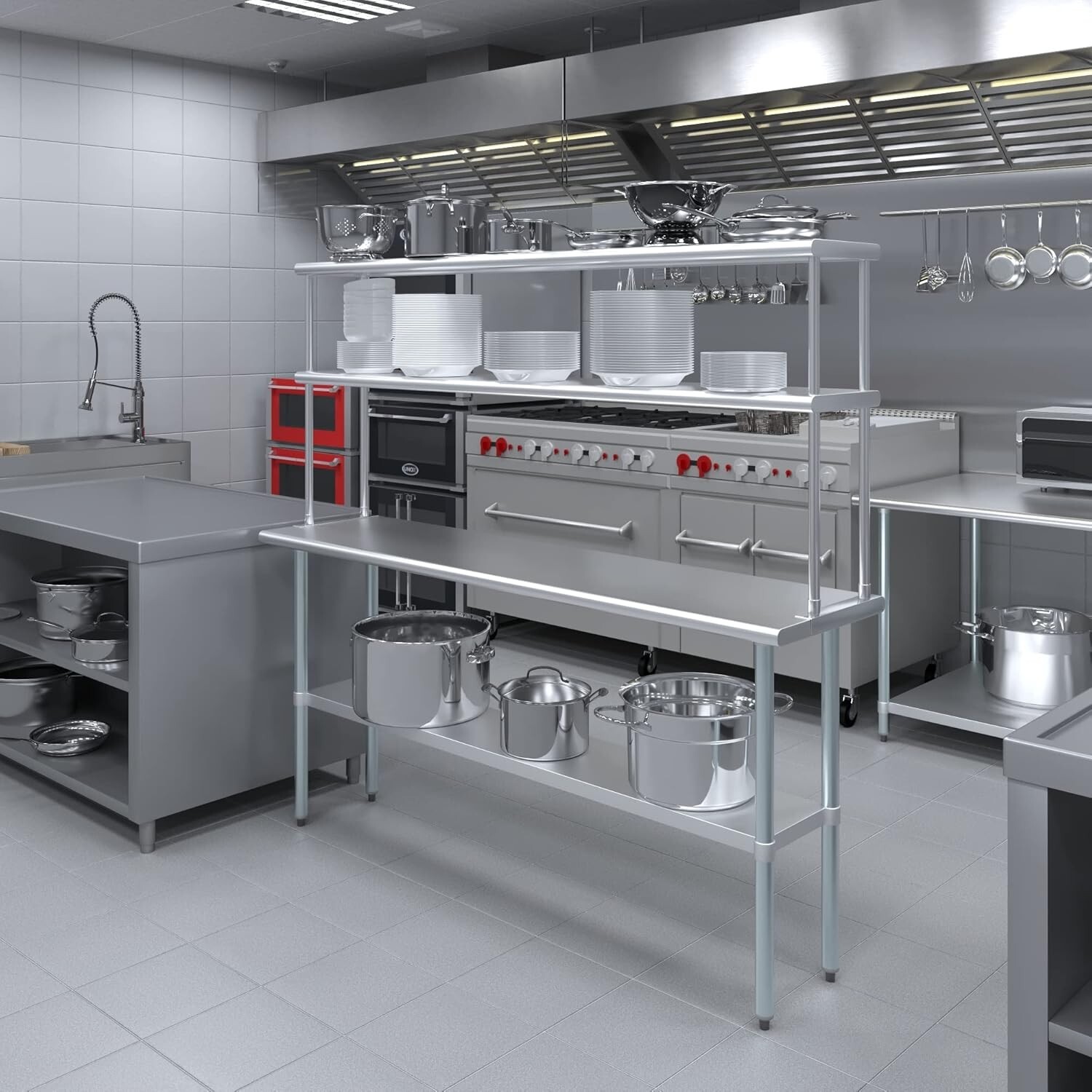 Stainless Steel Prep Table w/ Double Overshelf - Commercial Kitchen Workstation