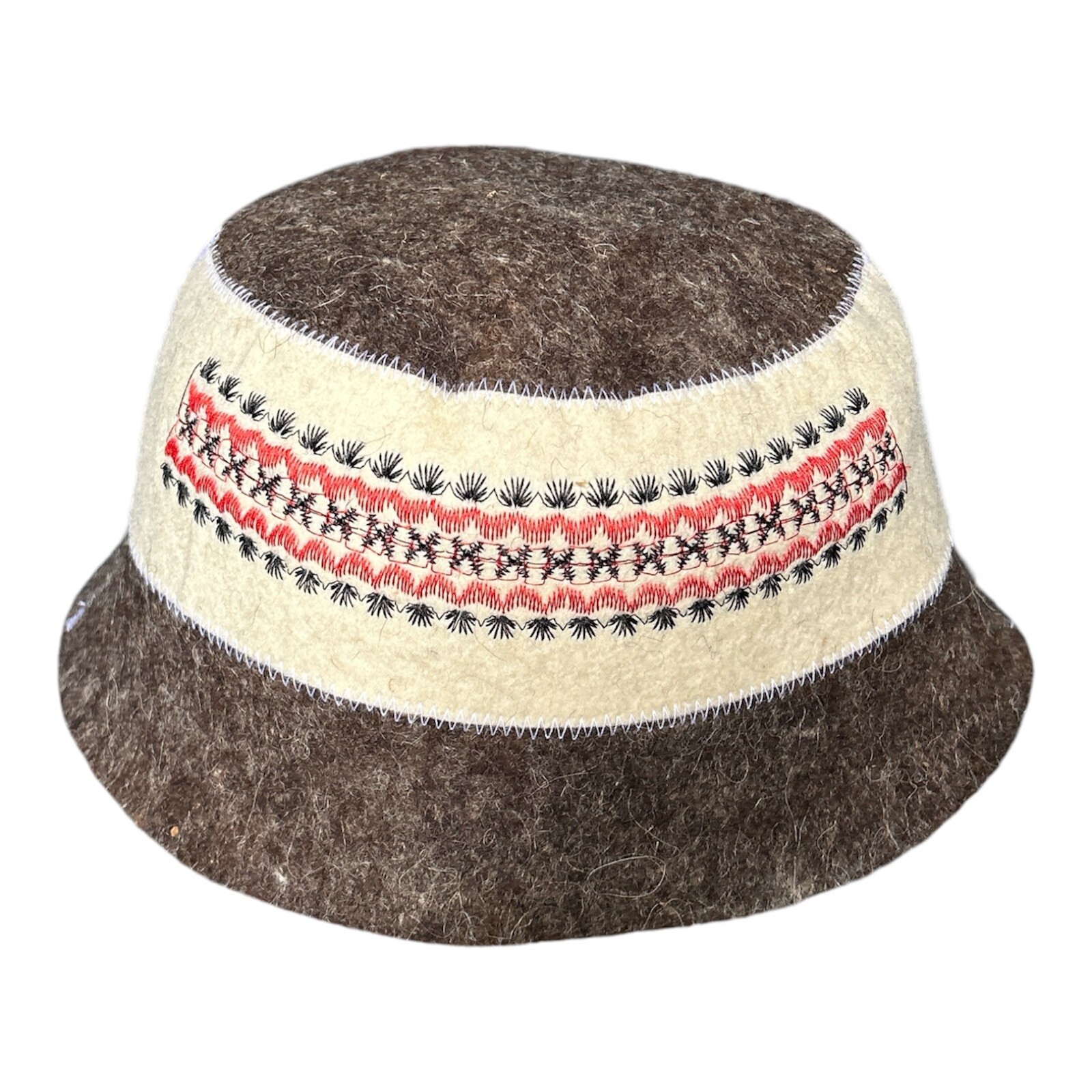 Wool Sauna Panama Hat with Red Embroidered Pattern - Natural Felt Bath Hat