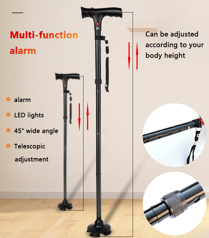 Adjustable Walking Stick Cane Folding Handle Metal With LED Light &Alarm button