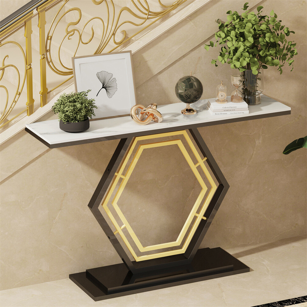 Modern Console Table Sintered Stone entry Table with Geometric/Leaf Golden Base