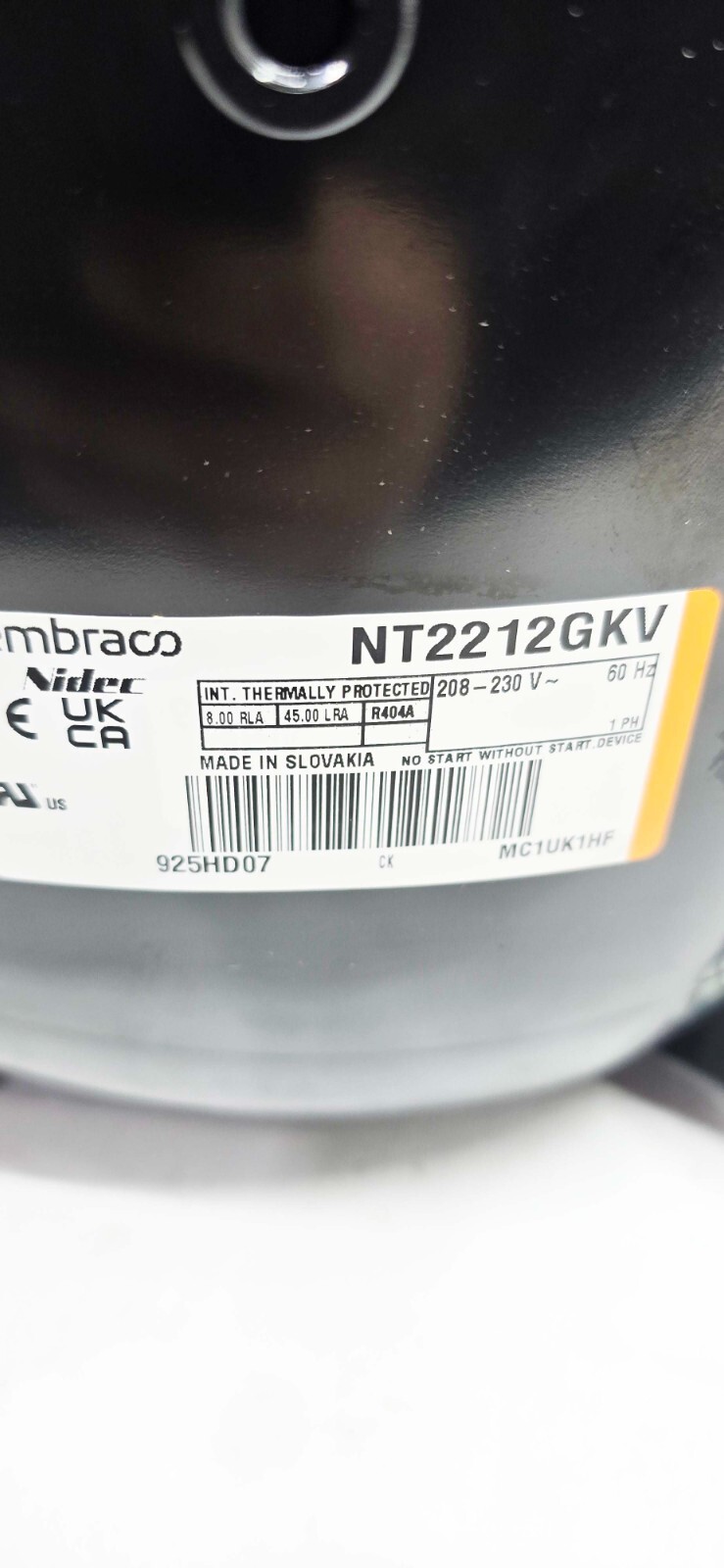 Embraco NT2212GKV Low Temp Compressor 1-1/2 HP, R-404a 208V-230V