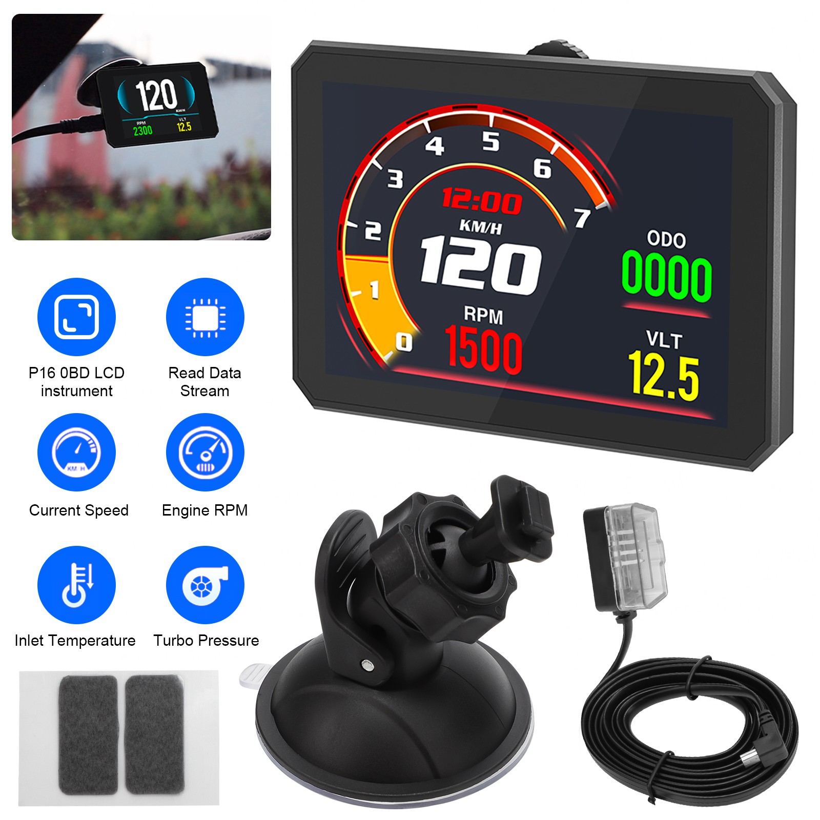 Car Truck Digital OBD2 Real-Time RPM MPH Overspeed Alarm HUD Gauge Speedometer