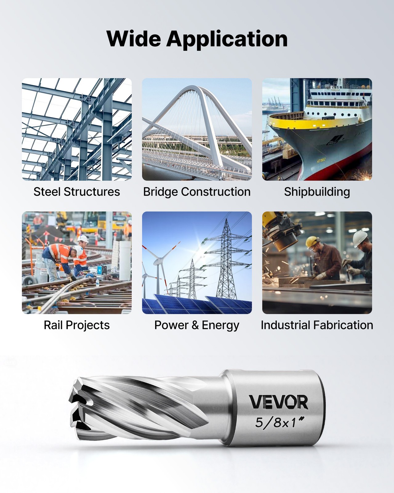 VEVOR Annular Cutter Set Mag Drill Bits Kit 5 pcs Weldon Shank 1/2" 5/8" 1"