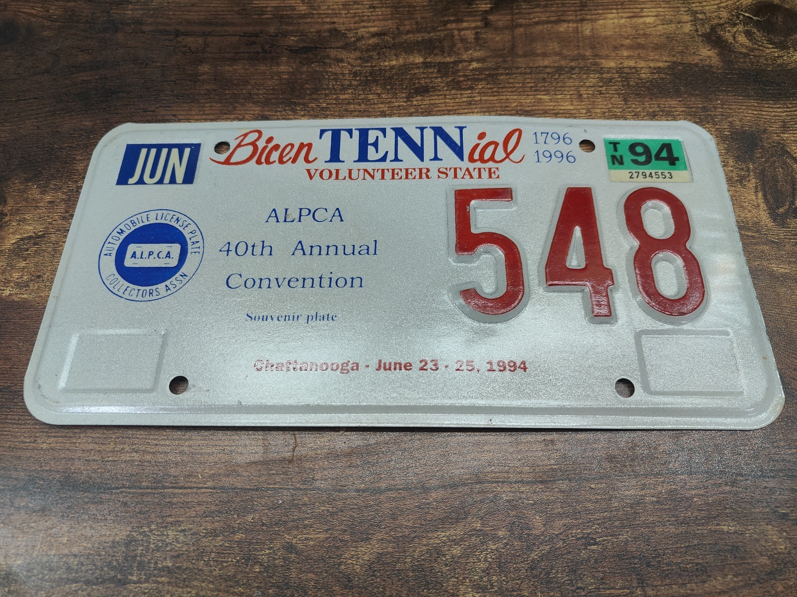 TENNESSEE TN Tenn 🚂 License Plate Tag 1994 94 ALPCA souvenir LOW Number 548