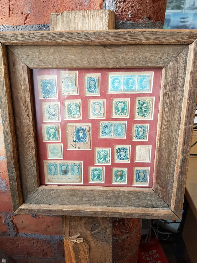 1861/3 Confederate States, war time vintage stamps, framed CAT VALUE £ 2,538.00