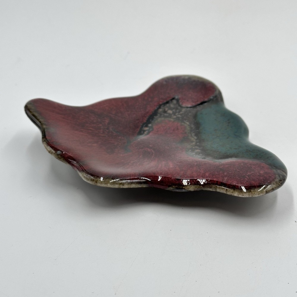 Studio Art Pottery Trinket Dish Candle Holder Red Turquoise Abstract Shape