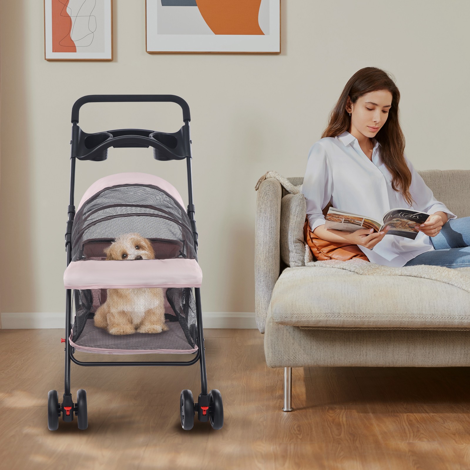 Dog Cat Stroller Pet Travel Carriage 4 Wheels Foldable Pets Carrier Cart PINK