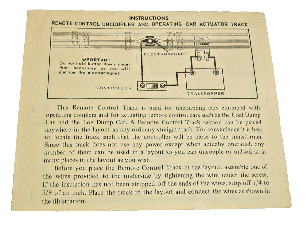 Lionel Instruction for Remote Control Uncoupler and Operating Car Actuator Track