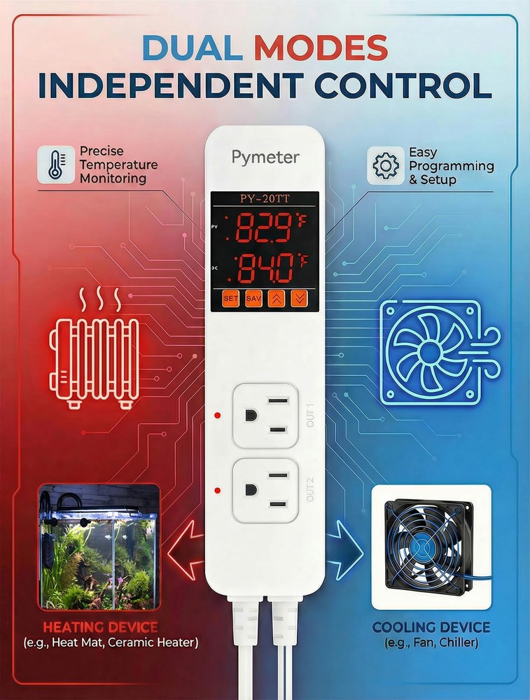 Pymeter Digital Temperature Controller Dual Probe Reptile Thermostat Controll...