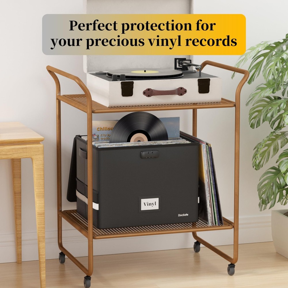 DocSafe Fireproof Vinyl Record Storage Box with Lock,Large Record Organizer S...