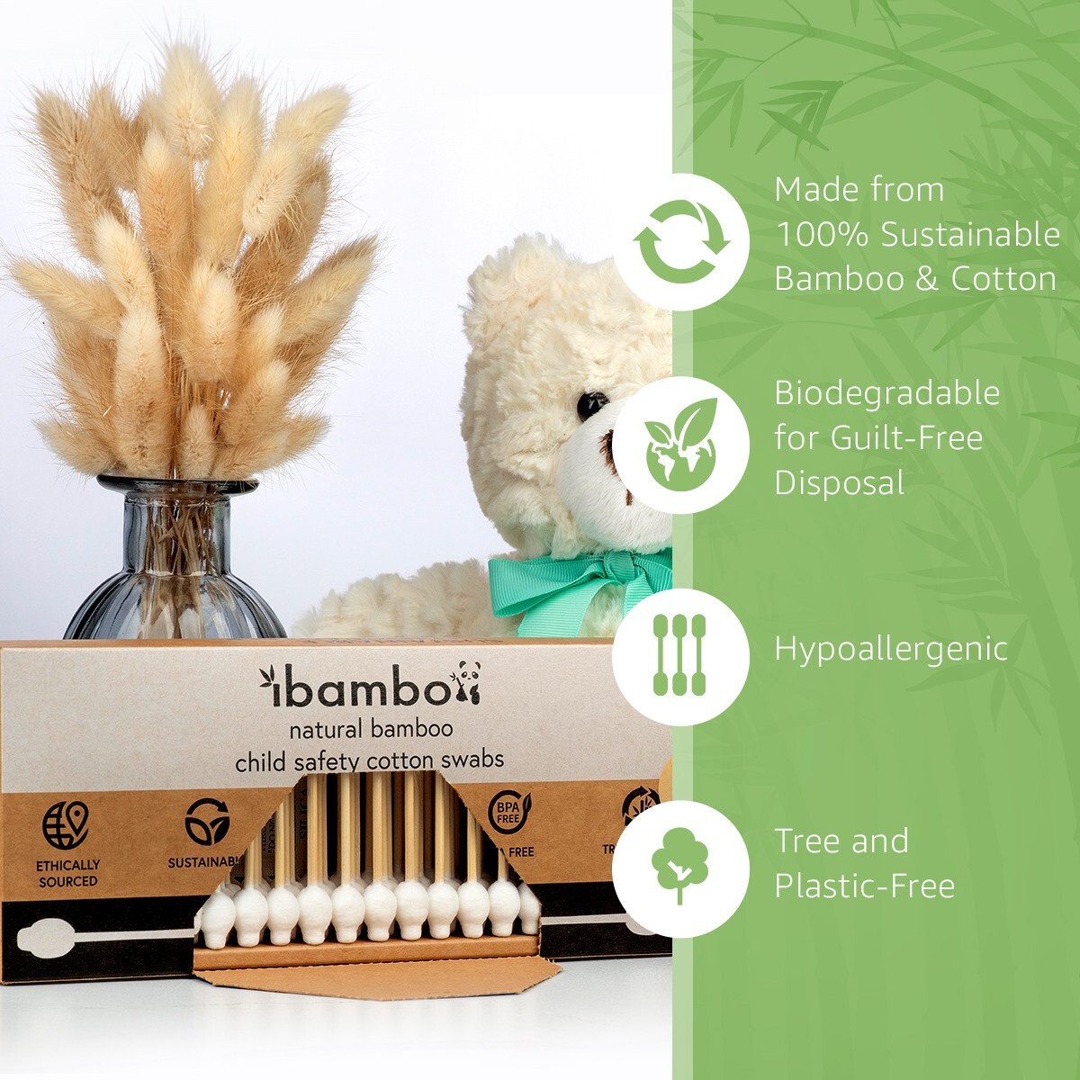 Ibambo Bamboo Child Safety Cotton Swabs - 1000 Pack, for Ear and Nose Cleaning