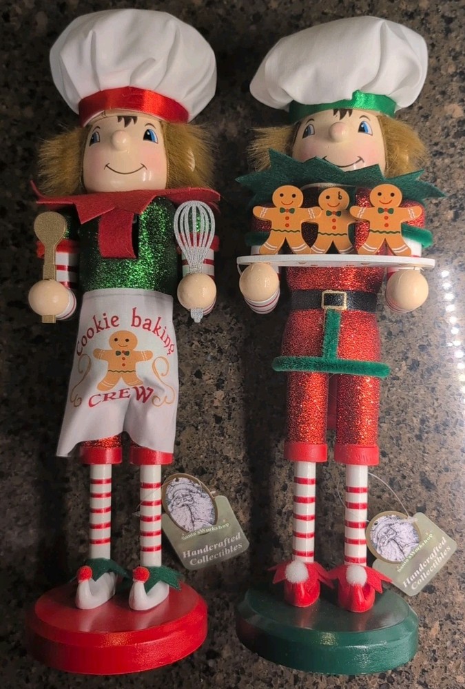 2 SANTA'S WORKSHOP 14" WOODEN NUTCRACKER COOKIE CREW ELVES 70177
