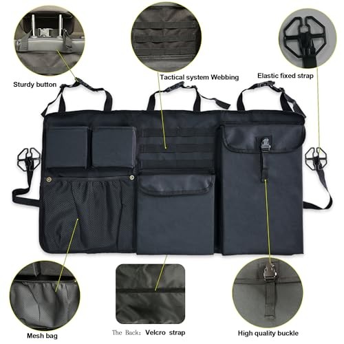 Car Trunk Organizer with Multiple Storage Compartments, Mesh Pockets, Black