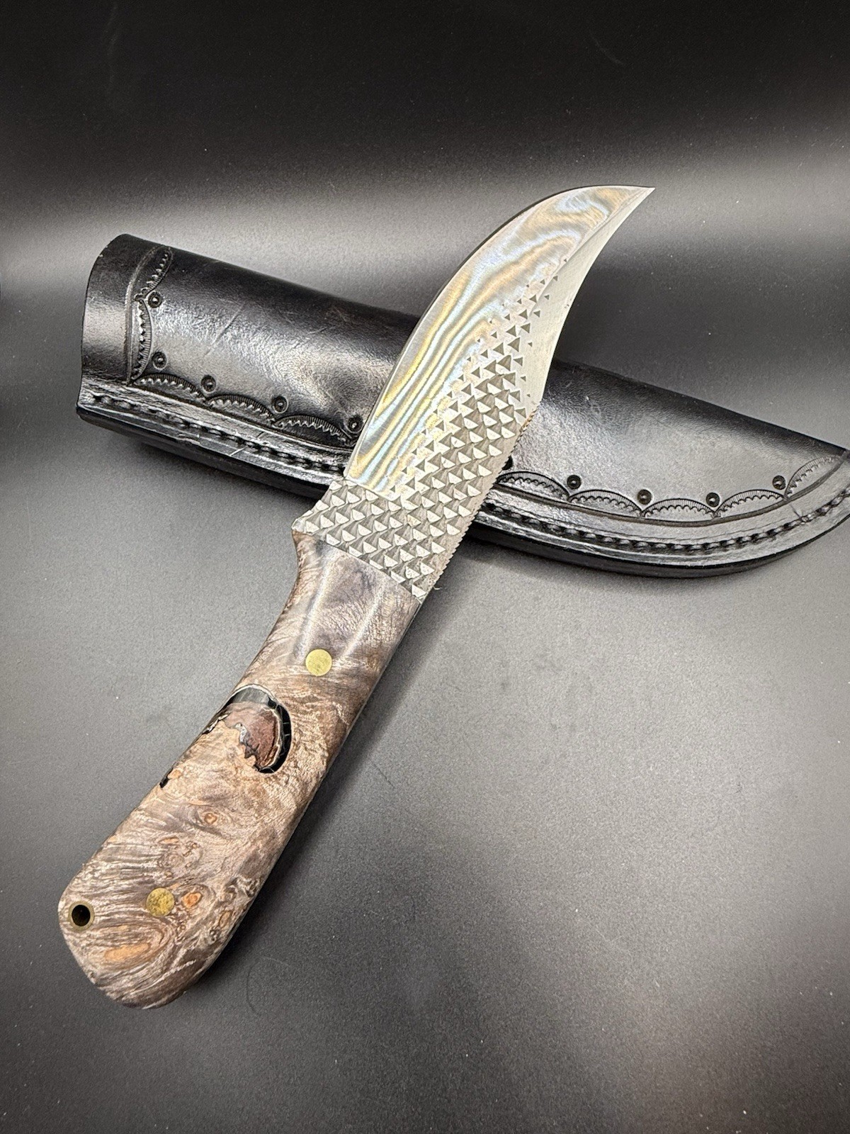 Wilson Custom File/Rasp Knife With Leather Sheath Full Tang With Burl Handle