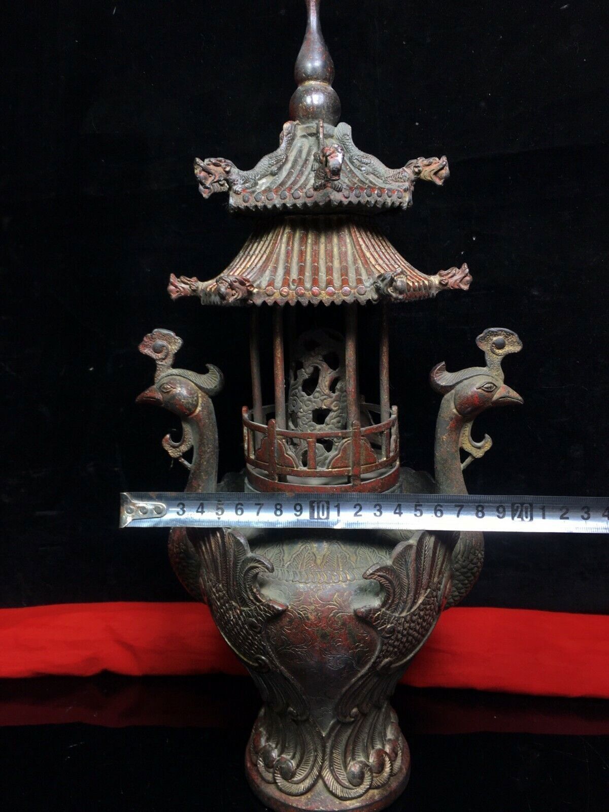 old Chinese Buddhist temple bronze Gilt Crane bird tower Incense Burner censer